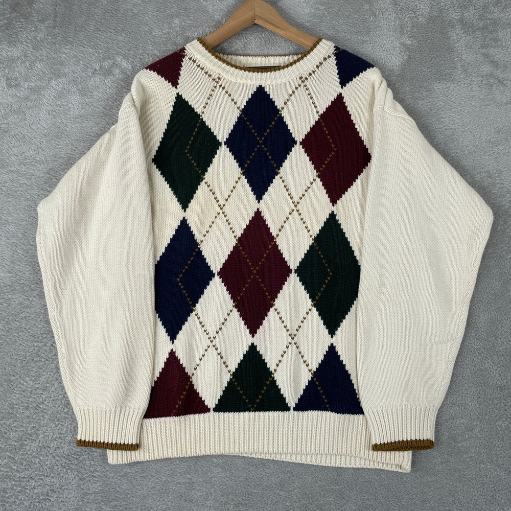 Vintage Croft & Barrow Argyle Sweater Mens Medium White Cotton Knit Pullover